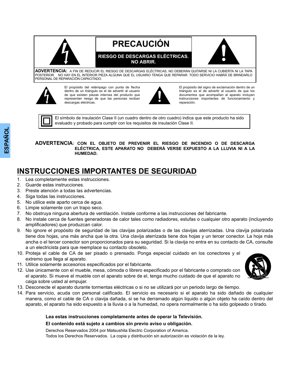 Precaución, Instrucciones importantes de seguridad | Panasonic CT 32SL14 User Manual | Page 26 / 80