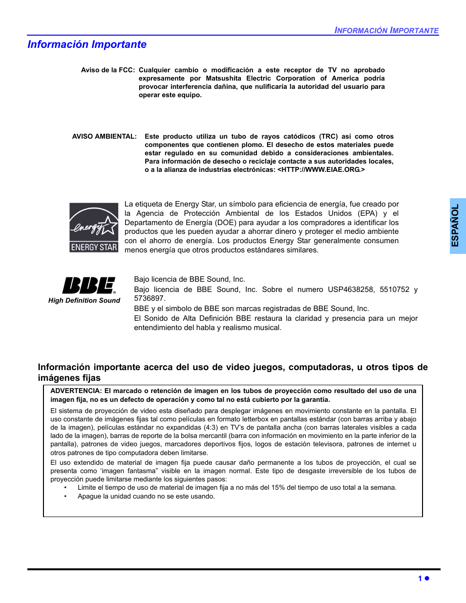 Información importante | Panasonic CT 32SL14 User Manual | Page 27 / 80