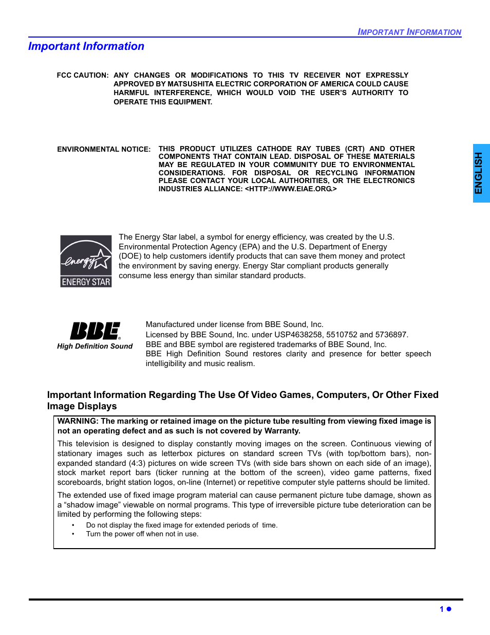 Important information | Panasonic CT 32SL14 User Manual | Page 3 / 80