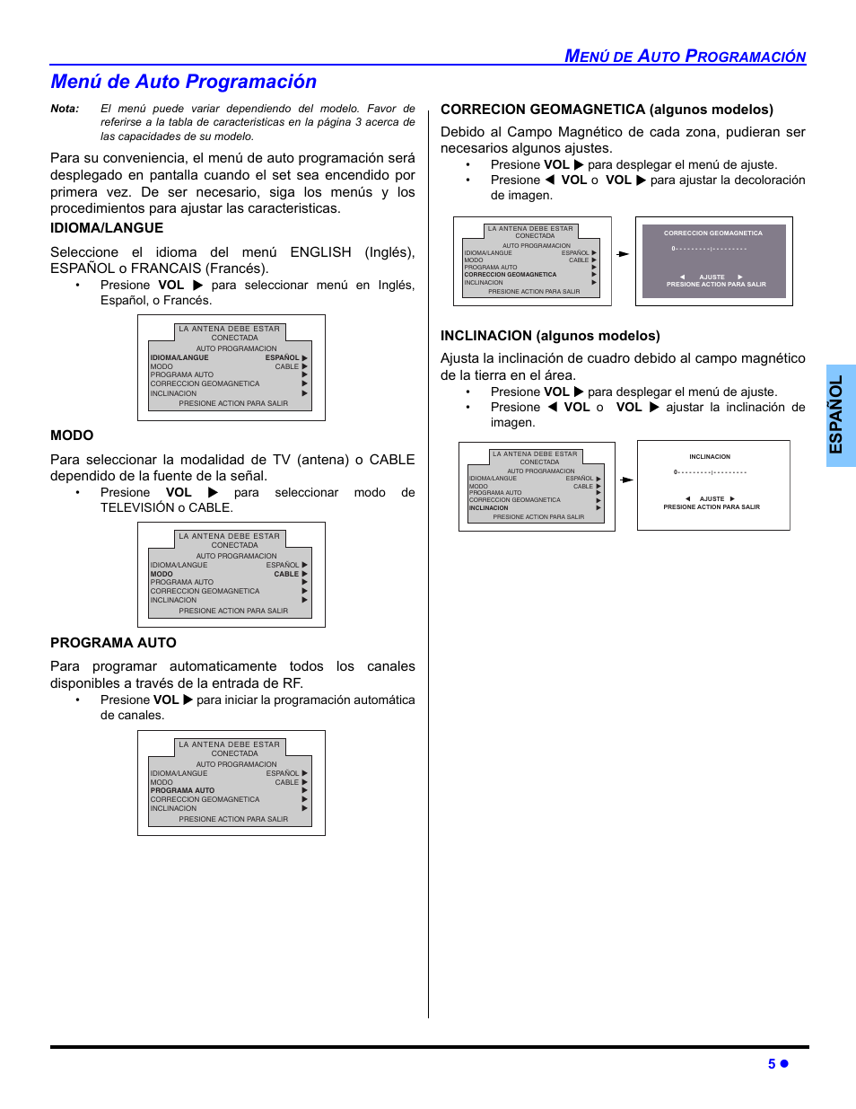 Menu de auto programacion, Menú de auto programación, Es p añol | Enú de, Rogramación 5 z | Panasonic CT 32SL14 User Manual | Page 31 / 80