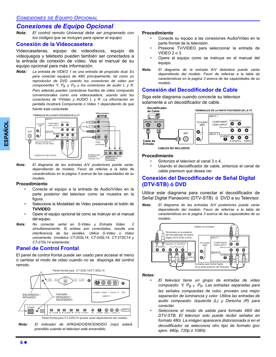 Conexiones de equipo opcional, Conexion de la videocasetera, Panel de control frontal | Conexion del decodificador de cable, Conexion del decodificador de television digital, Es p añol, Conexión de la videocasetera, Conexión del decodificador de cable, Procedimiento, Onexiones | Panasonic CT 32SL14 User Manual | Page 32 / 80