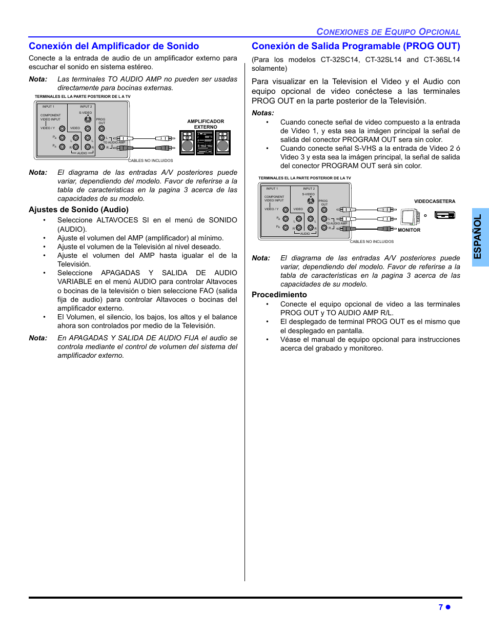 Conexion del amplificador de sonido, Conexion de salida programable, Es p añol conexión del amplificador de sonido | Conexión de salida programable (prog out), Ajustes de sonido (audio), Procedimiento, Onexiones, Quipo, Pcional | Panasonic CT 32SL14 User Manual | Page 33 / 80