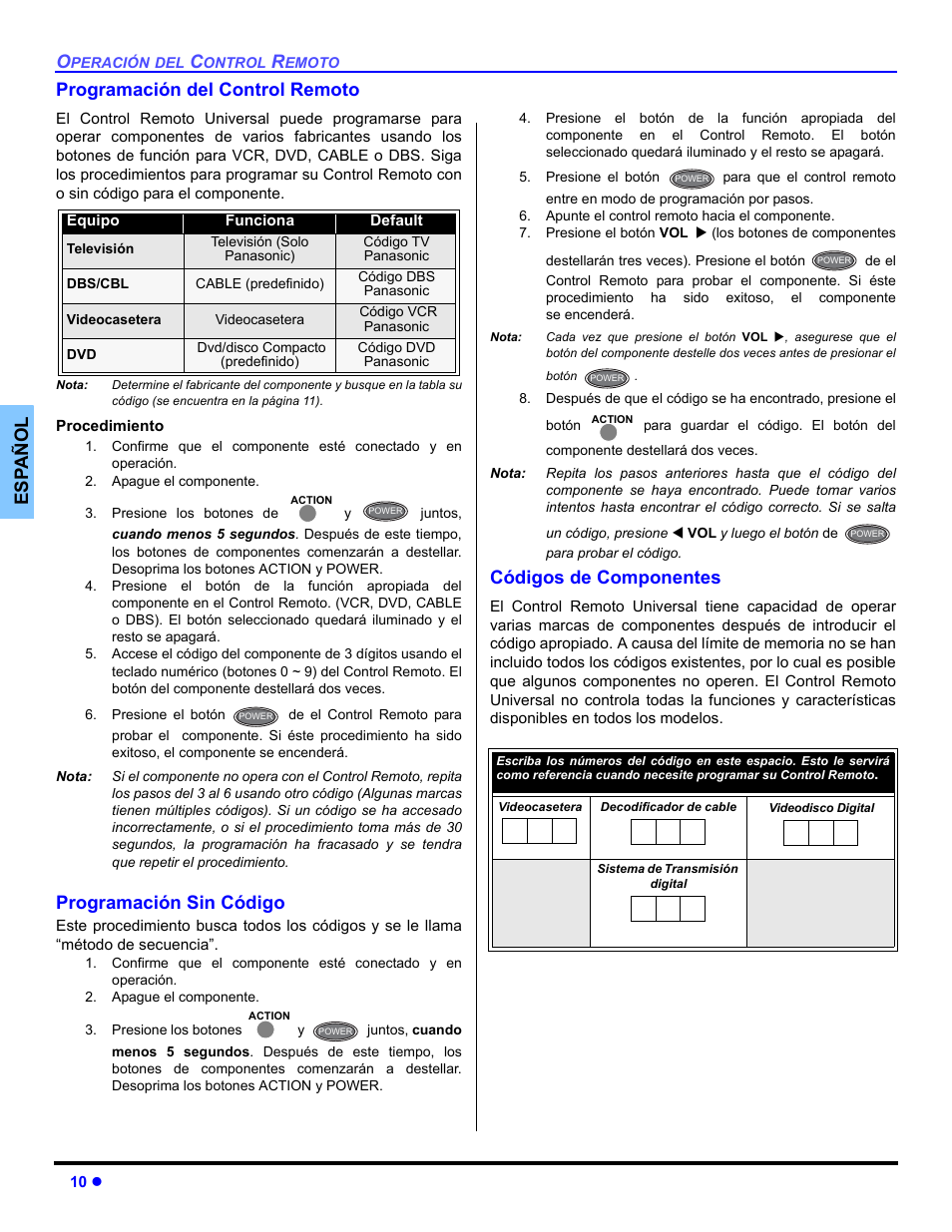 Programando el control remoto, Programacion sin codigo, Codigos de componentes | Es p añol programación del control remoto, Programación sin código, Códigos de componentes | Panasonic CT 32SL14 User Manual | Page 36 / 80