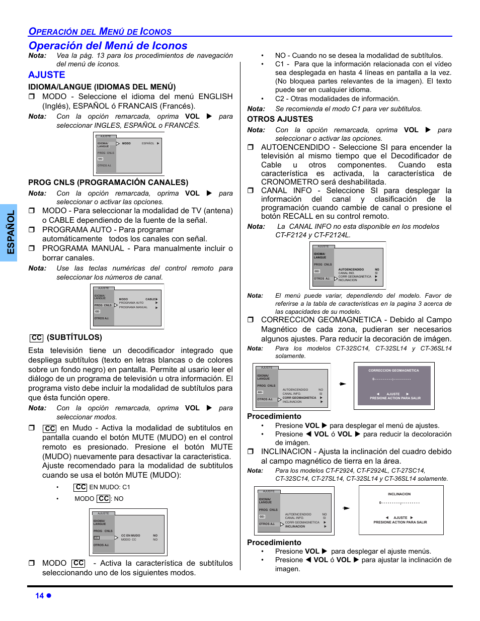 Operacion del menu de iconos, Ajuste, Operación del menú de iconos | Es p añol, 14 z, Peración, Conos, Prog cnls (programación canales), Otros ajustes, Procedimiento | Panasonic CT 32SL14 User Manual | Page 40 / 80