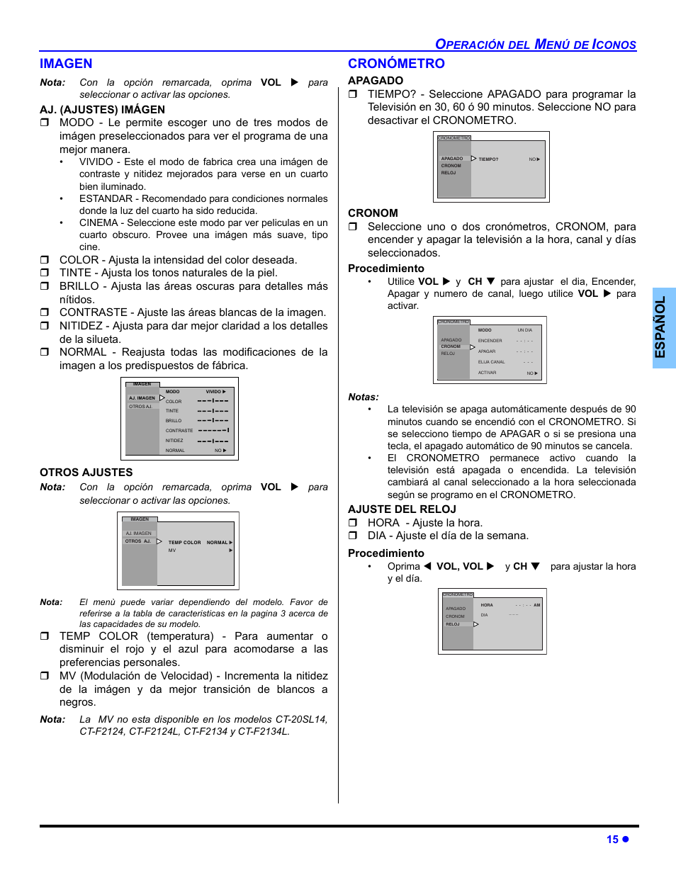 Imagen, Cronomentro, Es p añol imagen | Cronómetro, Peración, Conos 15 z | Panasonic CT 32SL14 User Manual | Page 41 / 80