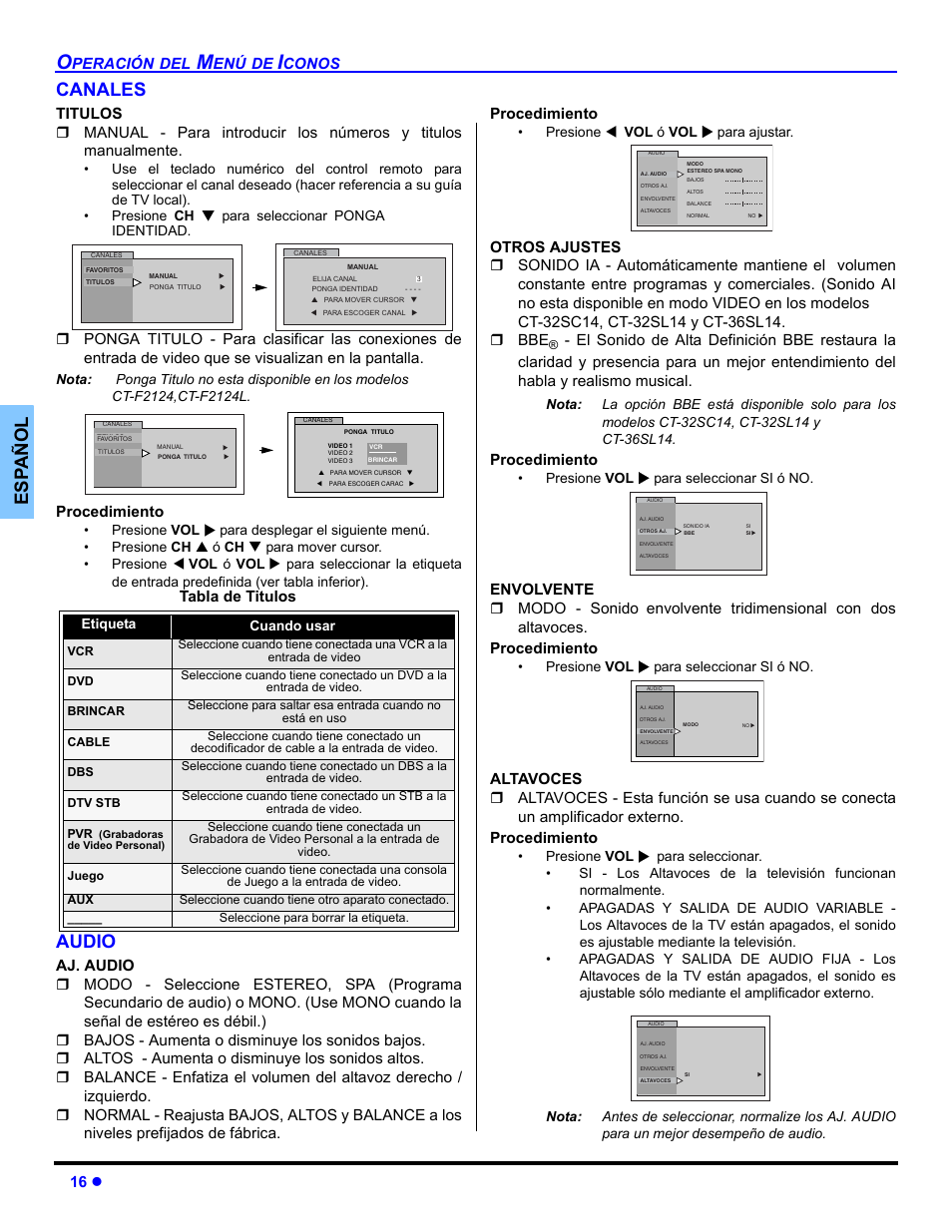 Canales, Audio, Es p añol canales | 16 z, Peración, Conos, Procedimiento, Tabla de titulos | Panasonic CT 32SL14 User Manual | Page 42 / 80