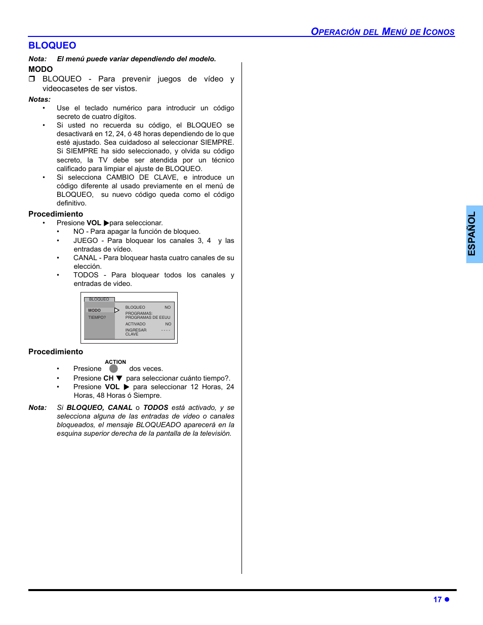 Bloqueo, Es p añol bloqueo | Panasonic CT 32SL14 User Manual | Page 43 / 80