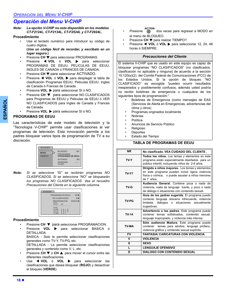 Operacion del menu de v-chip, Operación del menu v-chip | Panasonic CT 32SL14 User Manual | Page 44 / 80