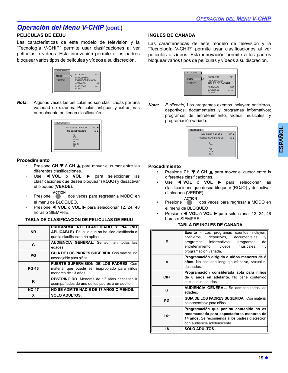 Operación del menu v-chip, V-chip, Es p añol | Cont.) | Panasonic CT 32SL14 User Manual | Page 45 / 80
