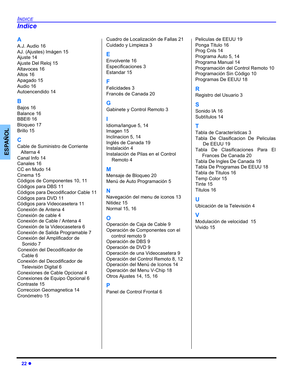 Indice | Panasonic CT 32SL14 User Manual | Page 48 / 80