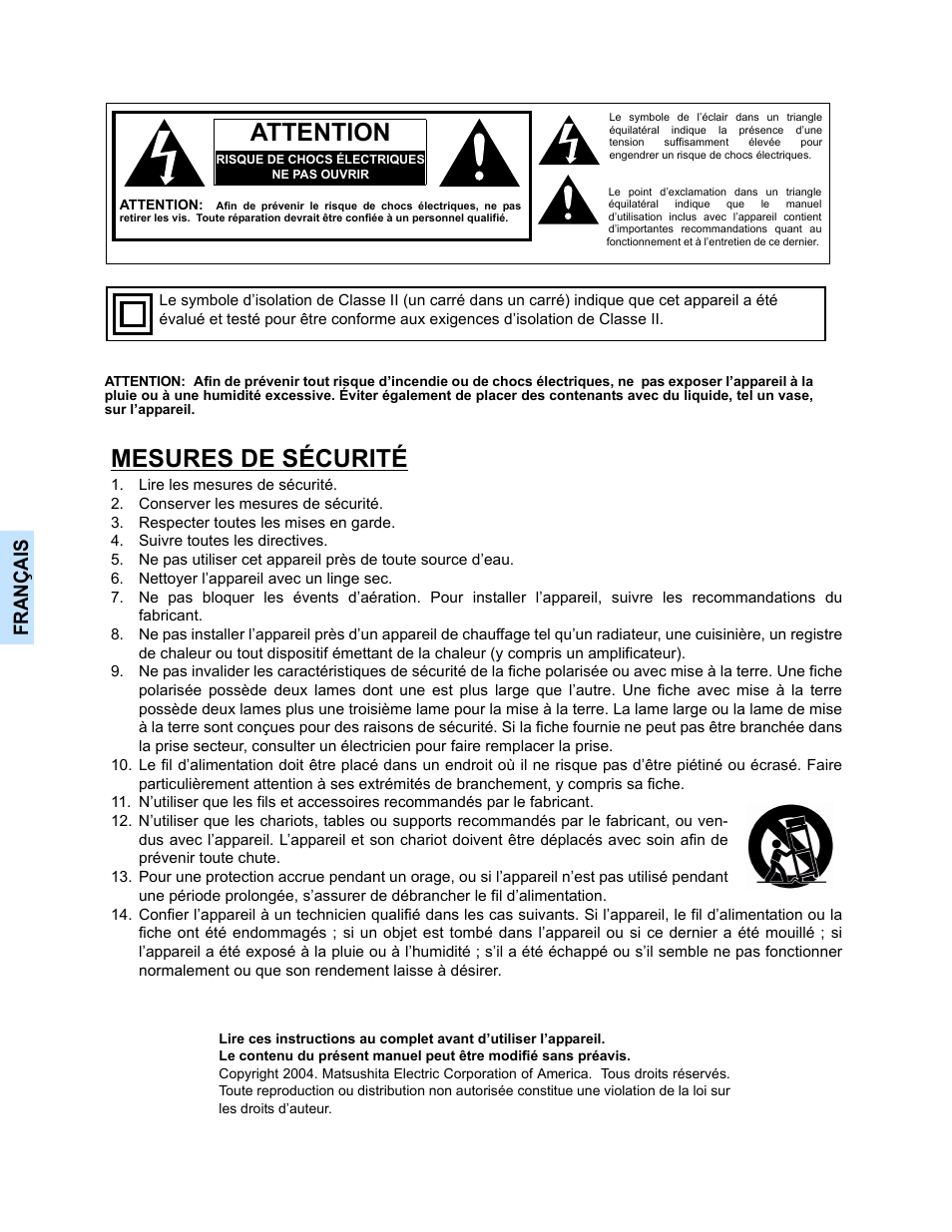 Attention, Mesures de sécurité, Françai s | Panasonic CT 32SL14 User Manual | Page 50 / 80