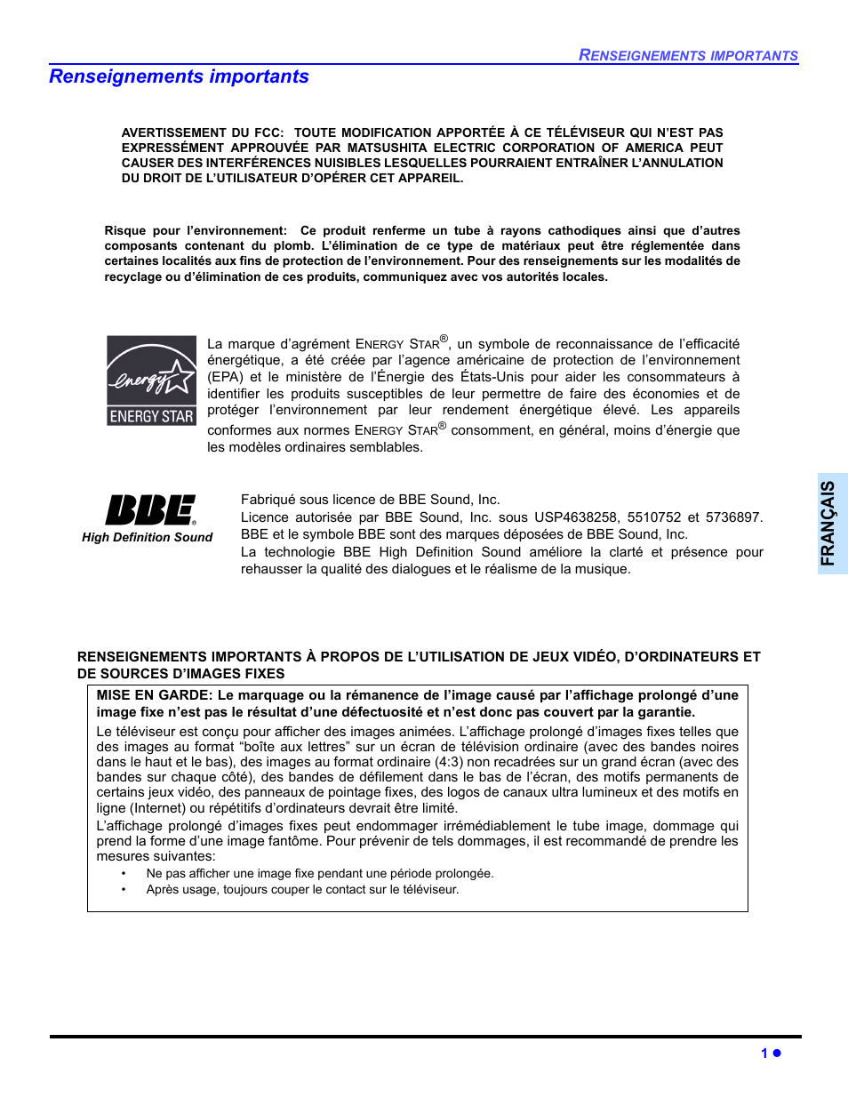 Renseignements importants, Françai s | Panasonic CT 32SL14 User Manual | Page 51 / 80