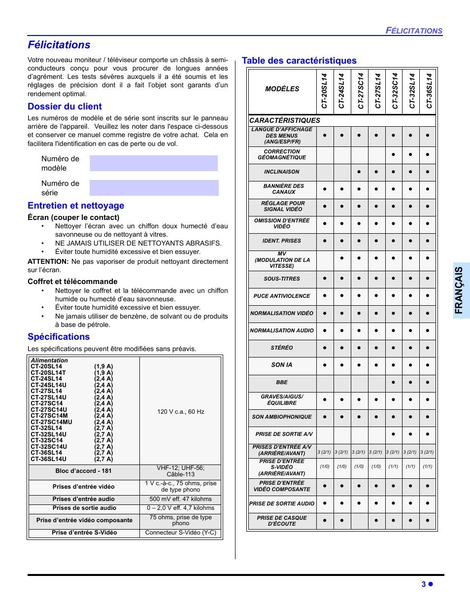 Felicitations, Dossier du client, Entretien et nettoyage | Specifications, Table des caracteristiques, Félicitations, Françai s, Spécifications, Table des caractéristiques | Panasonic CT 32SL14 User Manual | Page 53 / 80