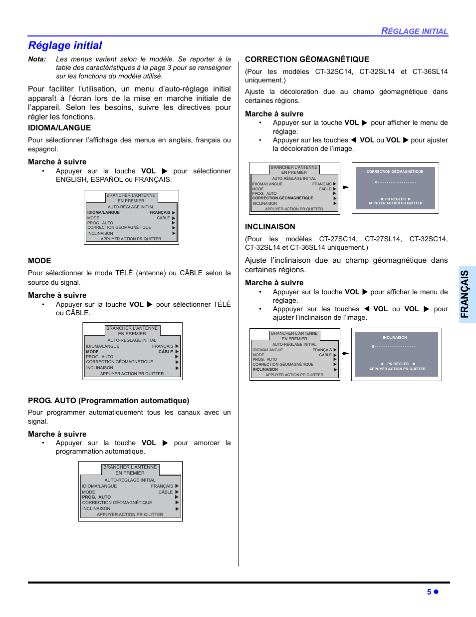 Auto-reglage initial, Réglage initial, Françai s | Marche à suivre, Mode, Prog. auto (programmation automatique), Correction géomagnétique, Inclinaison | Panasonic CT 32SL14 User Manual | Page 55 / 80