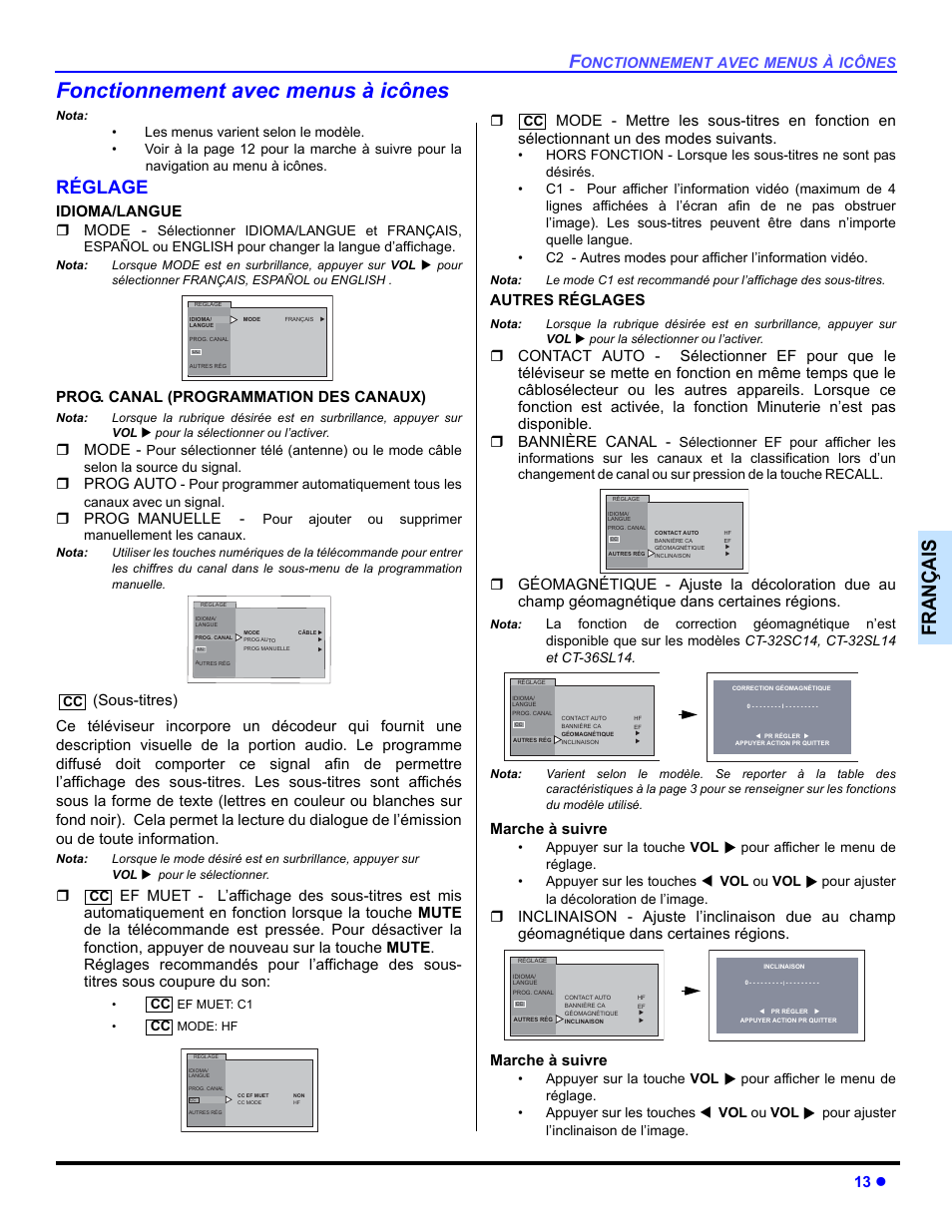 Fonctionnement avec menus a icones, Reglage, Fonctionnement avec menus à icônes | Françai s, Réglage, 13 z, Idioma/langue  mode, Prog. canal (programmation des canaux), Mode, Prog auto | Panasonic CT 32SL14 User Manual | Page 63 / 80