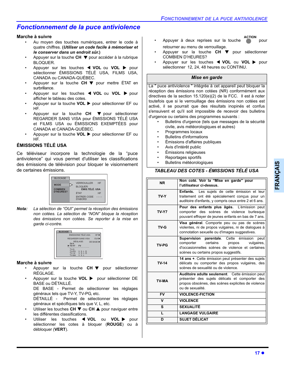 Fonctionnement de la puce antiviolence, Françai s | Panasonic CT 32SL14 User Manual | Page 67 / 80