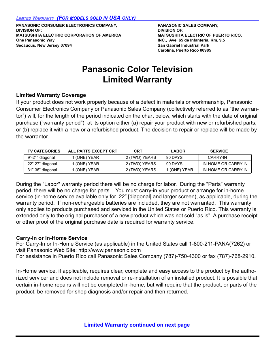 Panasonic color television limited warranty | Panasonic CT 32SL14 User Manual | Page 74 / 80