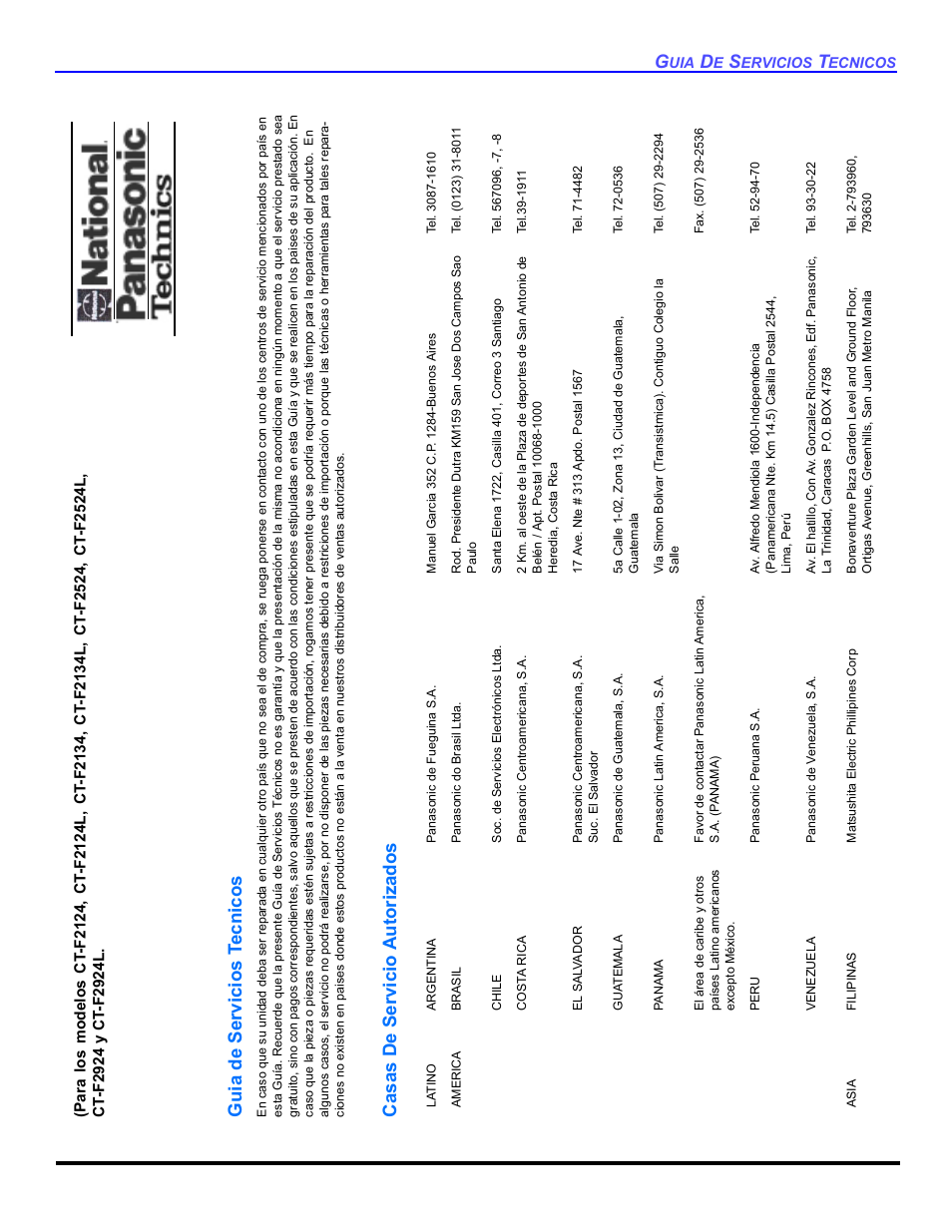 Guia de servicios t e cnicos, Casas de servicio autorizado s | Panasonic CT 32SL14 User Manual | Page 77 / 80