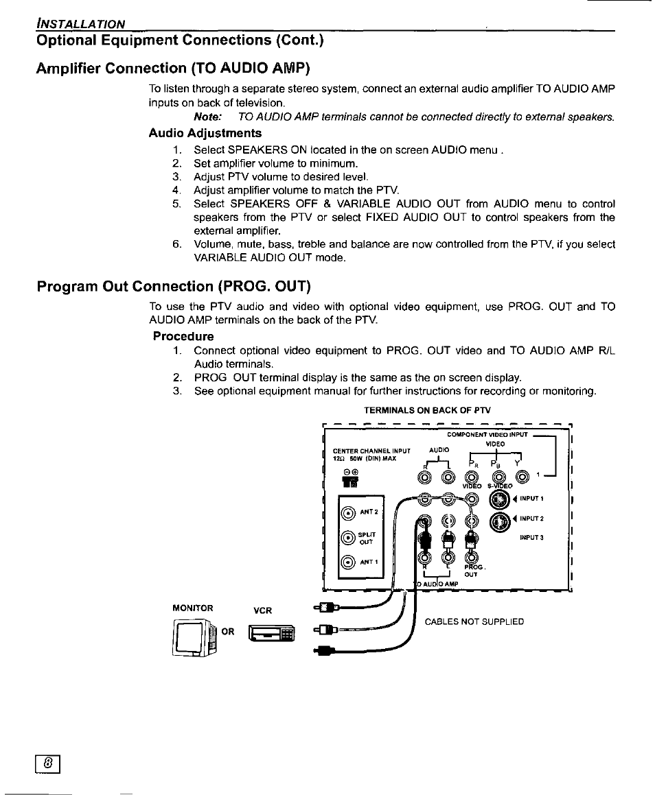 Optional equipment connections (cont.), Amplifier connection (to audio amp), Program out connection (prog. out) | Program out connection (prog.out) | Panasonic PT-61SX30 User Manual | Page 10 / 52