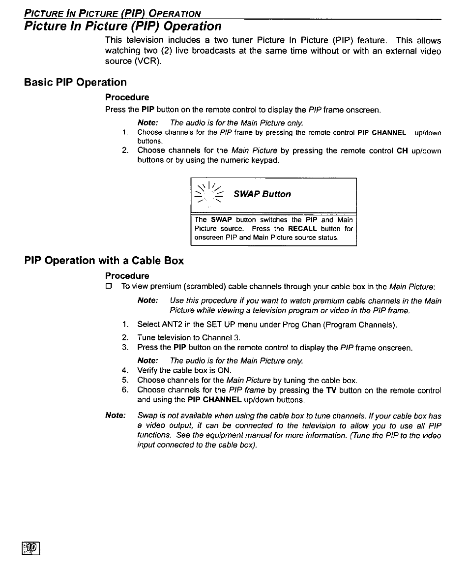 Picture in picture (pip) operation, Basic pip operation, Procedure | Pip operation with a cable box | Panasonic PT-61SX30 User Manual | Page 12 / 52