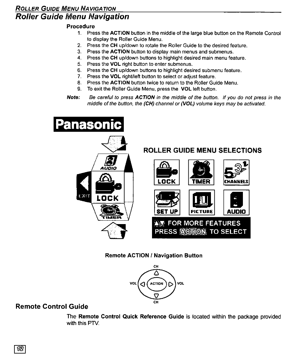 Roller guide menu navigation, Procedure, Roller guide menu selections | For more features press mia to select, Remote action / navigation button, Remote control guide, Roller guide menu™navigation, Panasonic, Si [b | Panasonic PT-61SX30 User Manual | Page 14 / 52