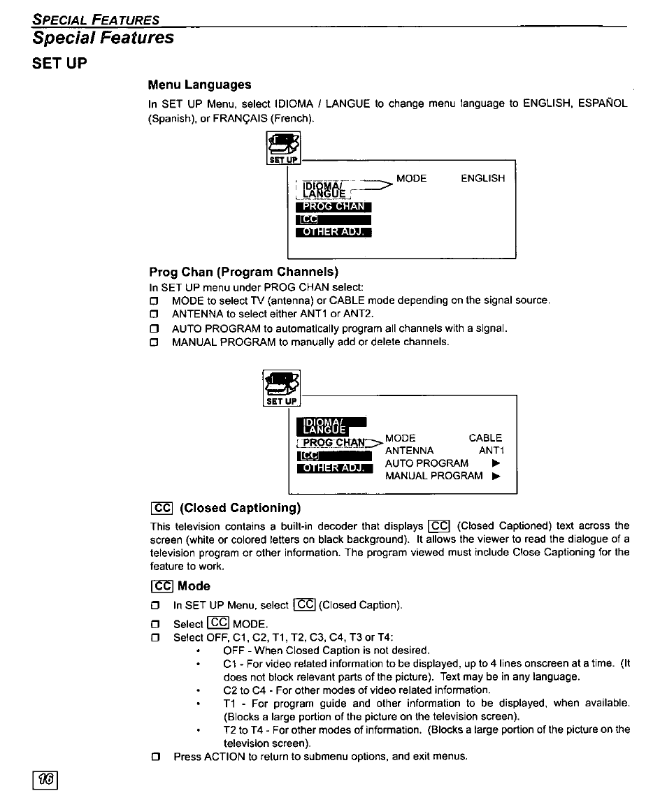 Speda/ features, Set up, Prog chan (program channels) | Cc| (closed captioning), Special features, Closed captioning | Panasonic PT-61SX30 User Manual | Page 18 / 52