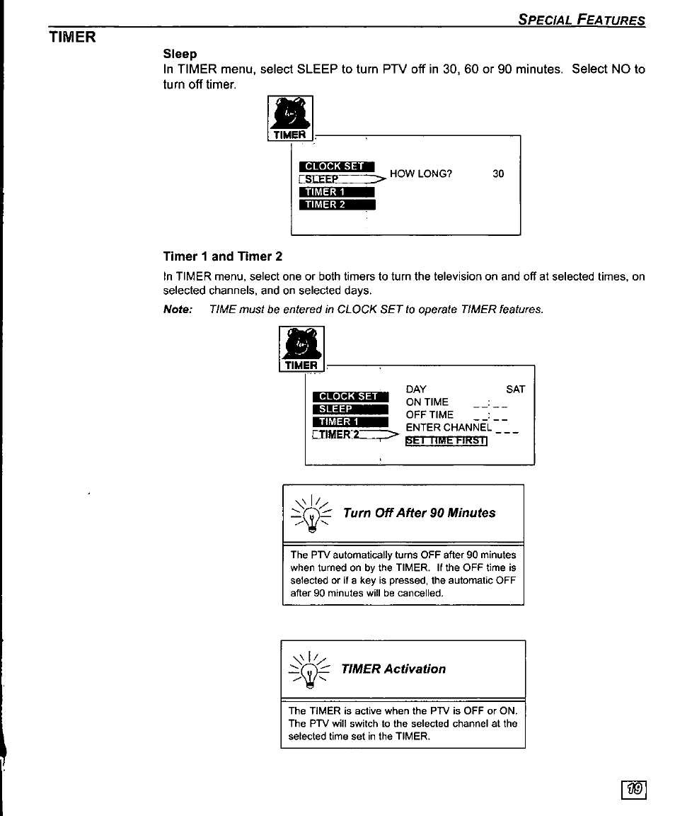Timer, Timer 1 and timer 2, Timer 1 and 2 | Panasonic PT-61SX30 User Manual | Page 21 / 52