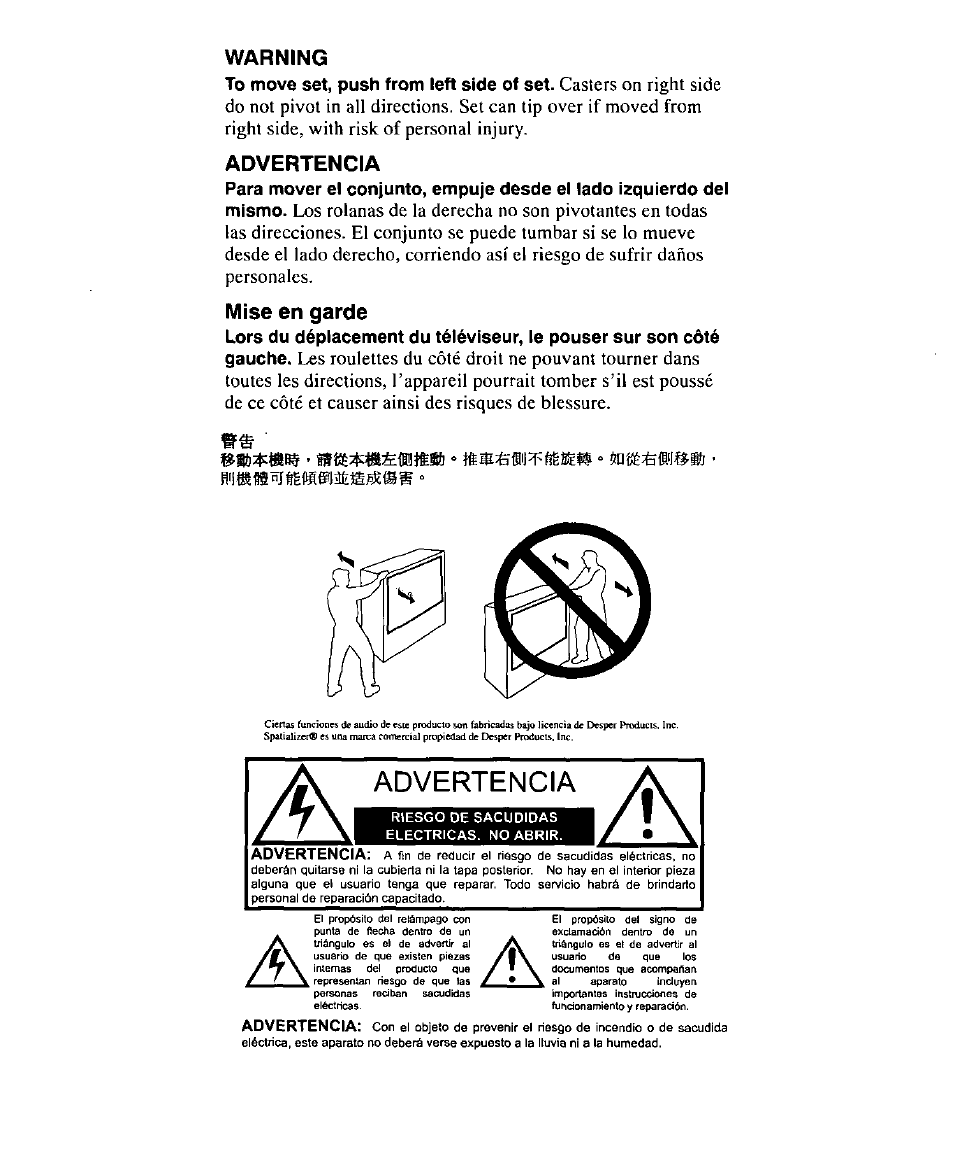 Warning, Advertencia, Mise en garde | Panasonic PT-61SX30 User Manual | Page 29 / 52