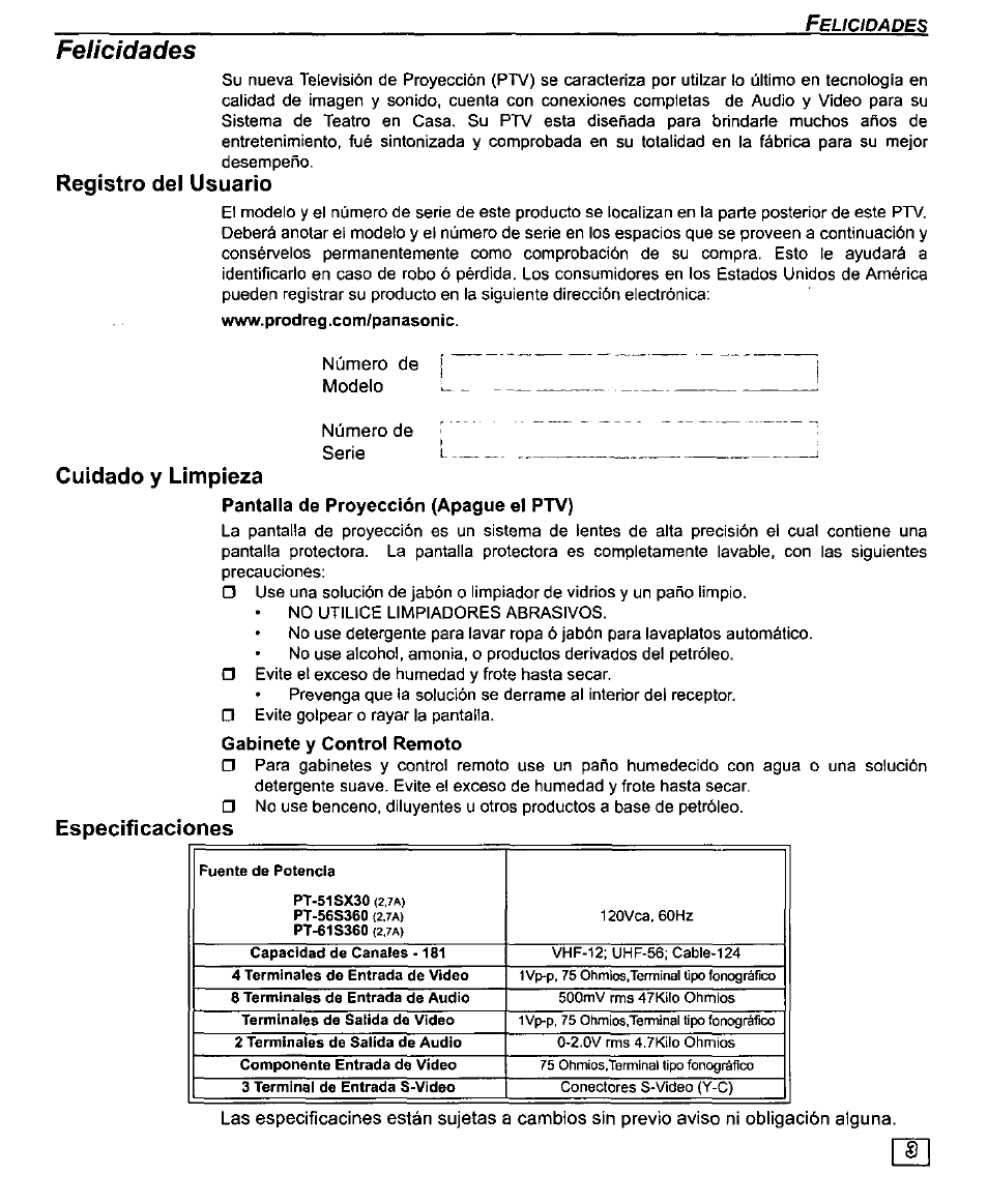 Felicidades, Registro del usuario, Cuidado y limpieza | Especificaciones | Panasonic PT-61SX30 User Manual | Page 31 / 52