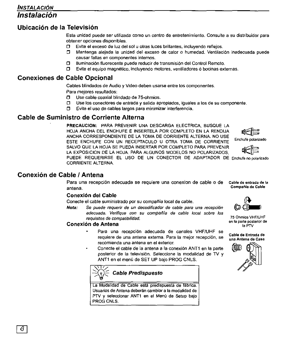 Instalación, Ubicación de la televisión, Conexiones de cable opcional | Cable de suministro de corriente alterna, Conexión de cable / antena | Panasonic PT-61SX30 User Manual | Page 32 / 52