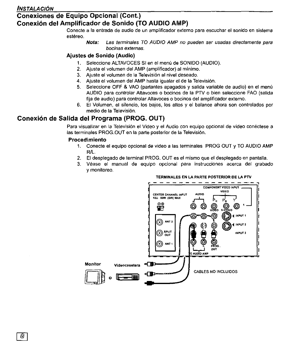 Conexiones de equipo opcional (cont.), Conexión del amplificador de sonido (to audio amp), Conexión de salida del programa (prog. out) | Conexión del amplificador de sonido {to audio amp) | Panasonic PT-61SX30 User Manual | Page 36 / 52