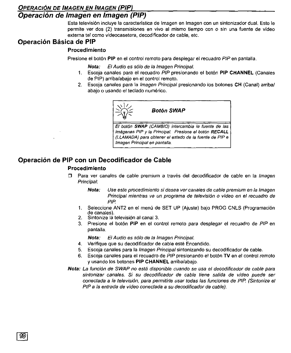 Operación básica de pip, Operación de pip con un decodificador de cable, Operación de imagen en imagen (pip) | Pip) | Panasonic PT-61SX30 User Manual | Page 38 / 52
