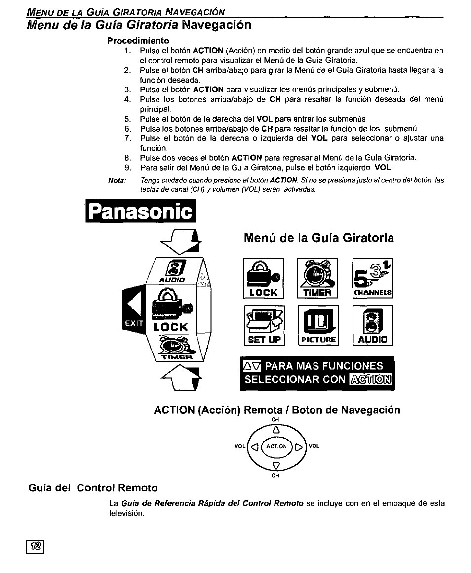 Menu de la guía giratoria navegación, Procedimiento, Menú de la guía giratoria | Imb para mas funciones seleccionar con rawllsil, Action (acción) remota / boton de navegación, Guía del control remoto, Menú de la guía giratoria® navegación, Tabla de menus de la guía giratoria, Panasonic | Panasonic PT-61SX30 User Manual | Page 40 / 52