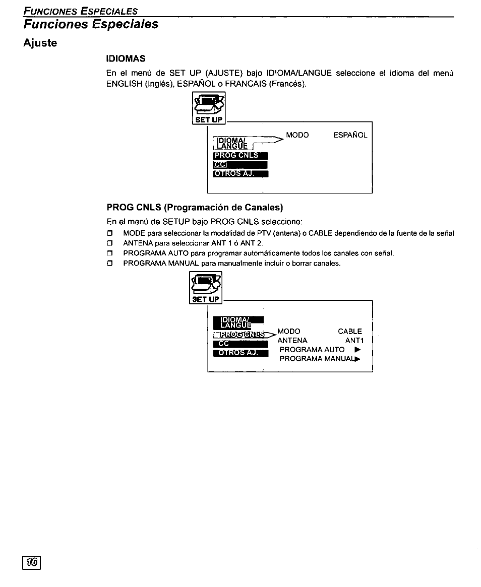 Funciones especiales, Ajuste, Idiomas | Prog cnls (programación de canales), 15i8!s6l | Panasonic PT-61SX30 User Manual | Page 44 / 52