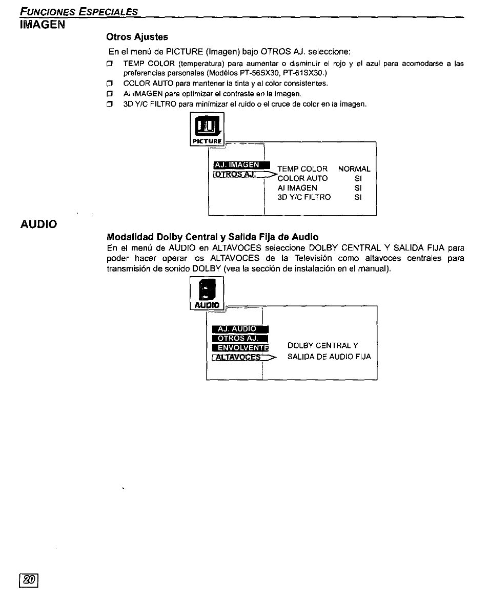 Imagen, Audio, Modalidad dolby central y salida fija de audio | Msmsm | Panasonic PT-61SX30 User Manual | Page 48 / 52