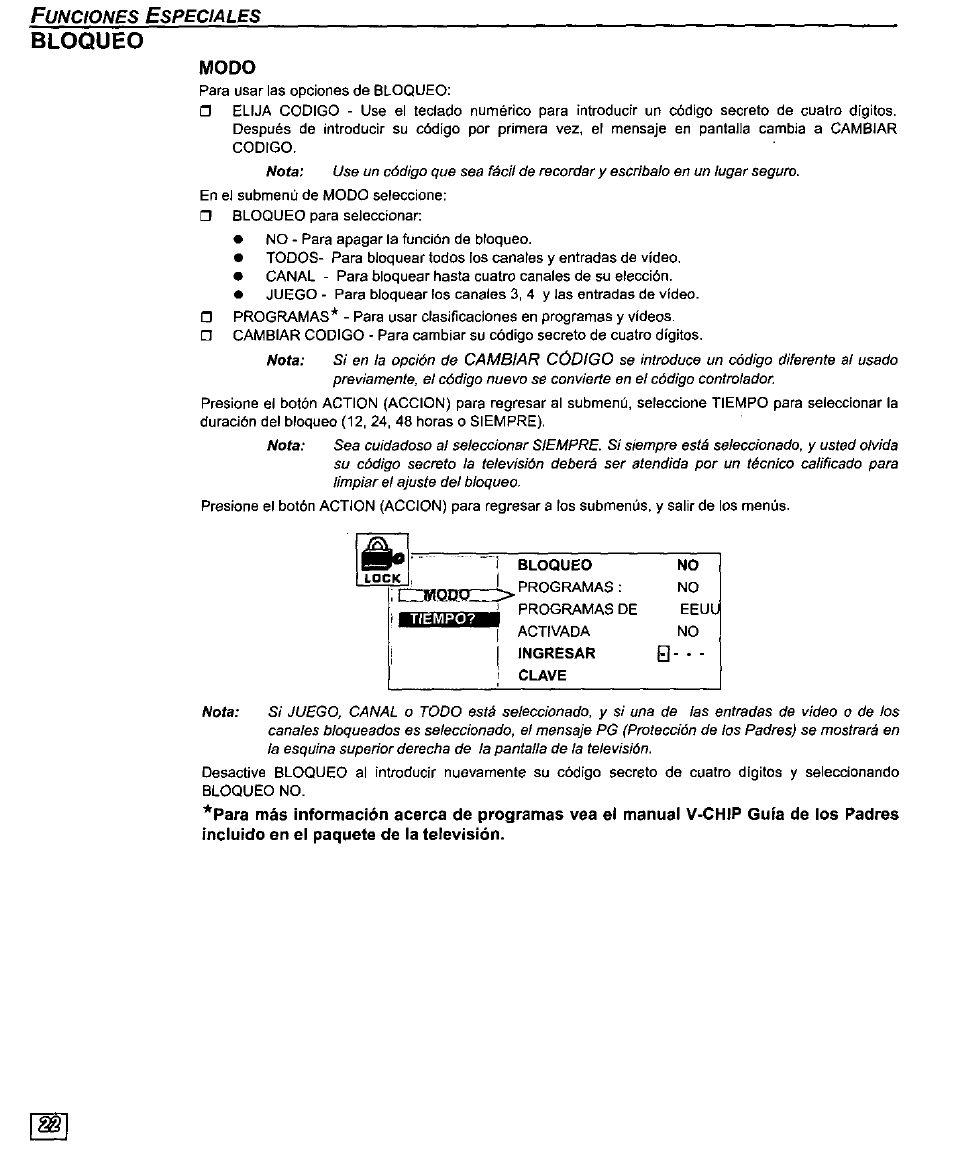 Bloqueo, Modo | Panasonic PT-61SX30 User Manual | Page 50 / 52