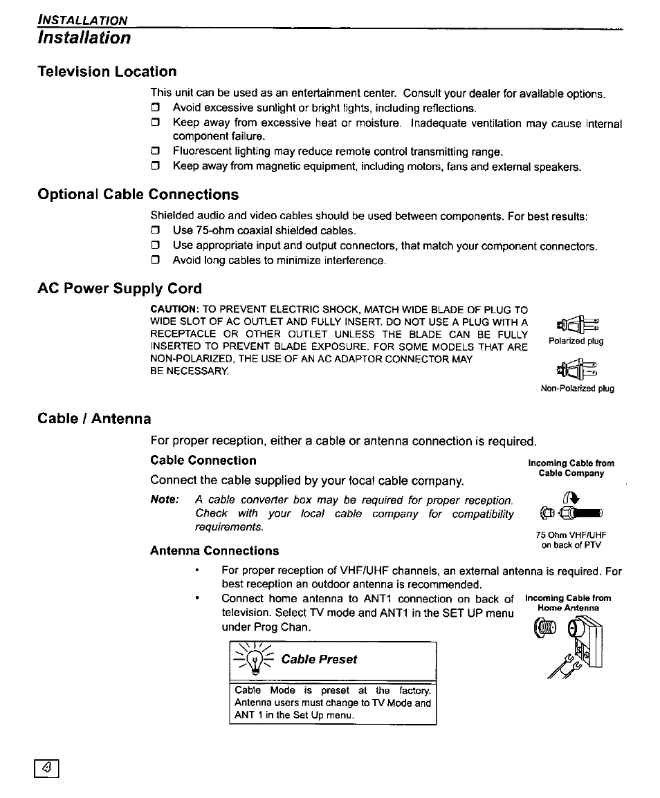 Installation, Television location, Optional cable connections | Ac power supply cord, Cable / antenna, Antenna connections | Panasonic PT-61SX30 User Manual | Page 6 / 52