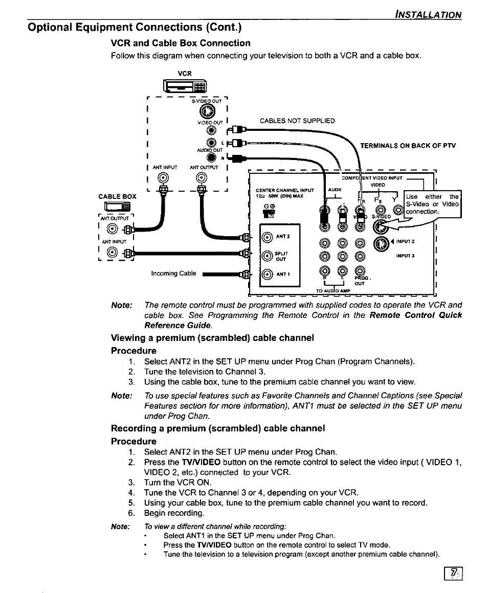 Optional equipment connections (cont.), Vcr and cable box connection, Cable box connection | Panasonic PT-61SX30 User Manual | Page 9 / 52
