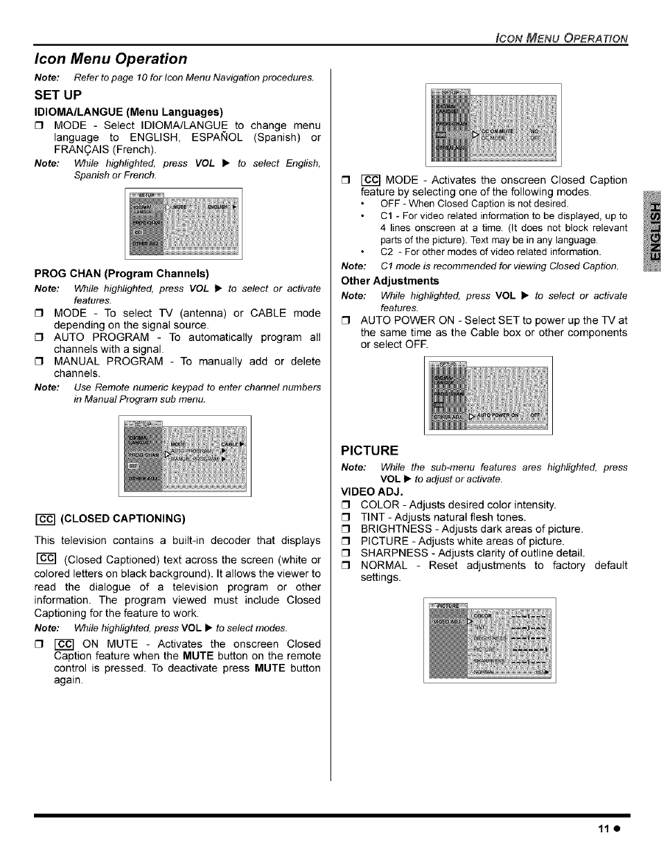 Icon menu operation, Prog chan (program channels), Reel (closed captioning) | Video adj, Van- a' -¡sograv, Set up, Picture | Panasonic CT-32G8 User Manual | Page 13 / 45