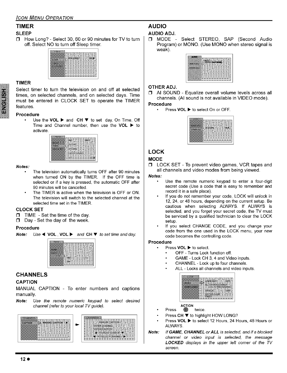 Sleep, Timer, Procedure | Clock set, Caption, Audio adj, Other adj, Mode, Channels, Audio | Panasonic CT-32G8 User Manual | Page 14 / 45