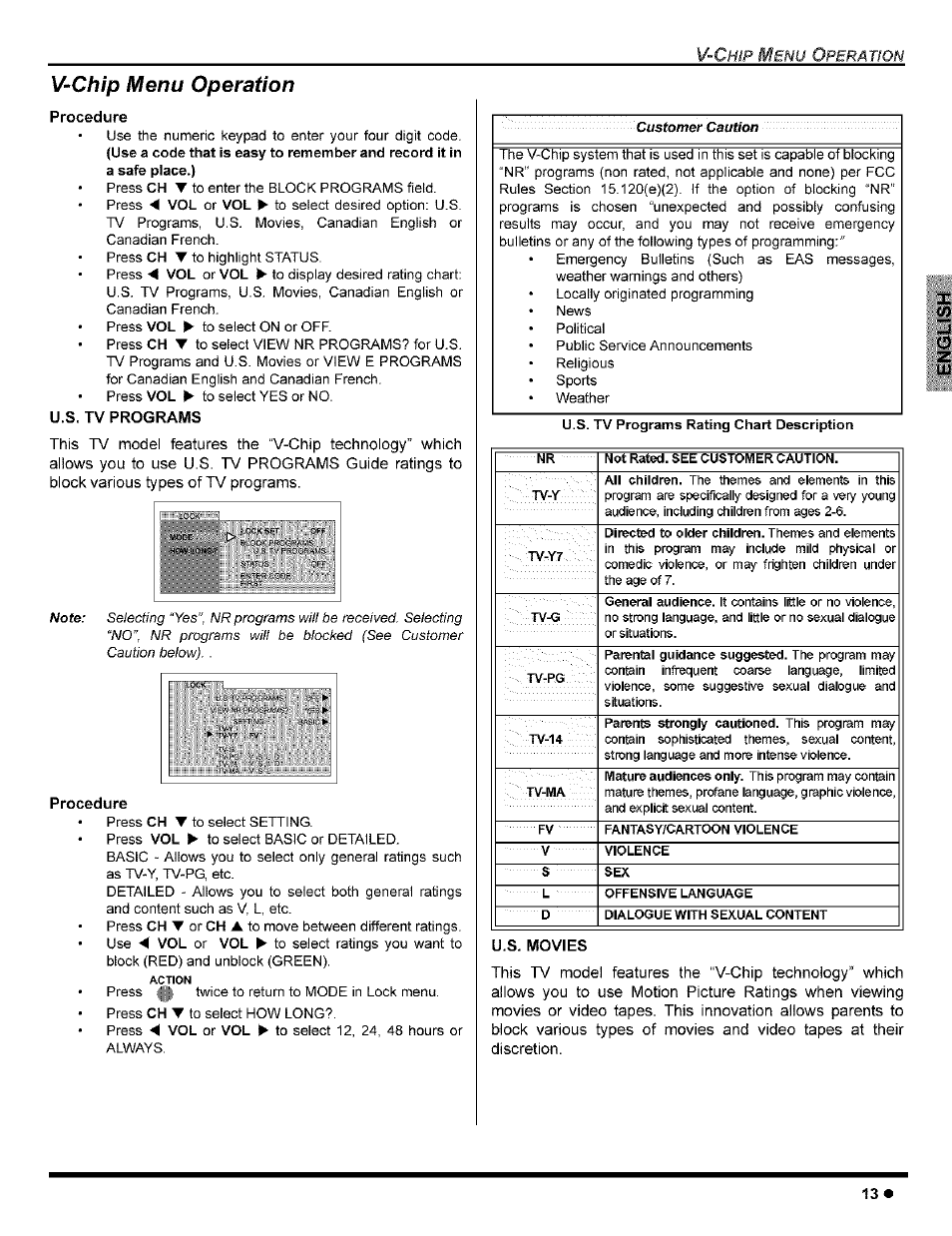 V-chip menu operation, Procedure, U.s. tv programs | U.s. movies | Panasonic CT-32G8 User Manual | Page 15 / 45