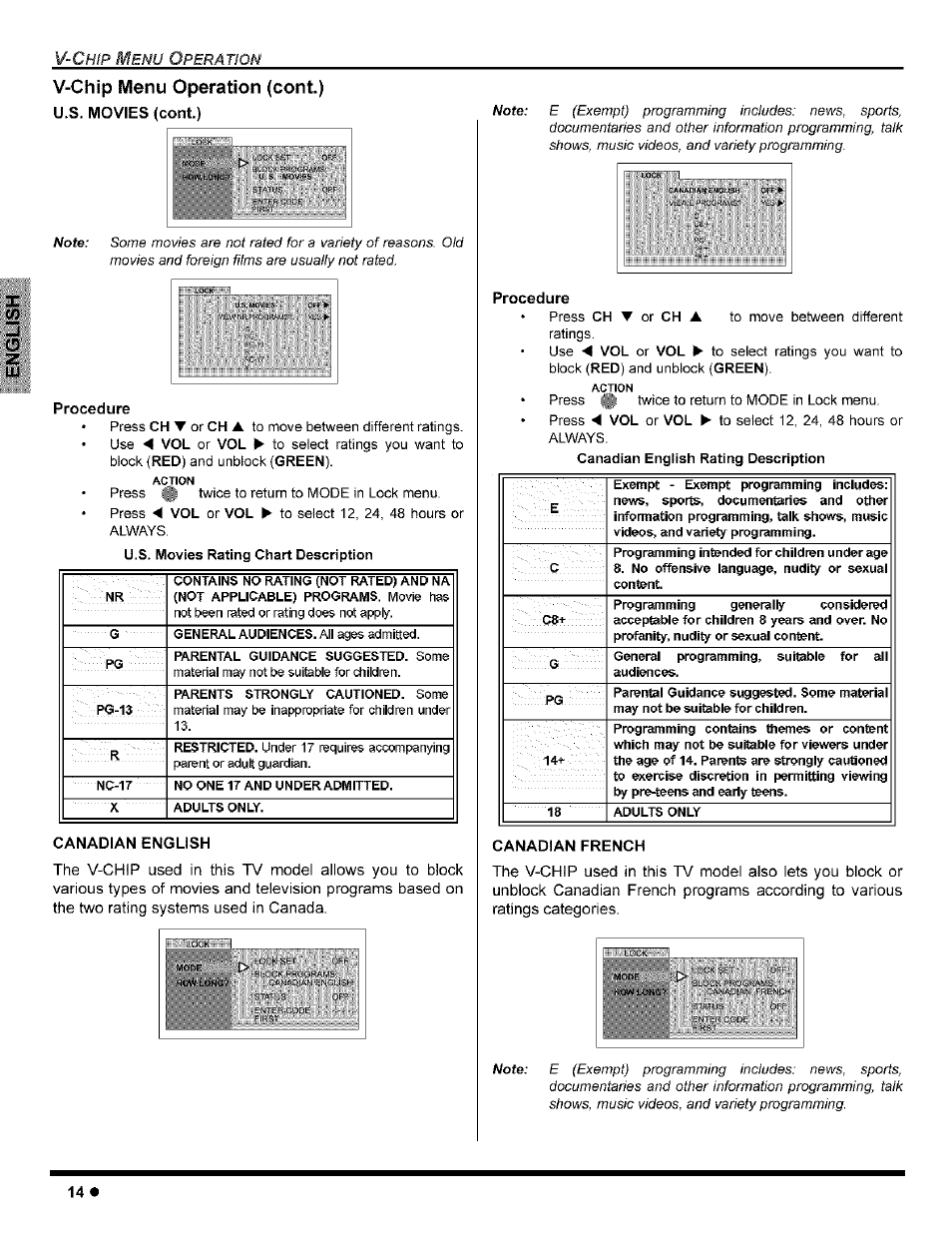 U.s. movies (cont.), Procedure, Canadian english | Canadian french, V-chip menu operation (cont) | Panasonic CT-32G8 User Manual | Page 16 / 45