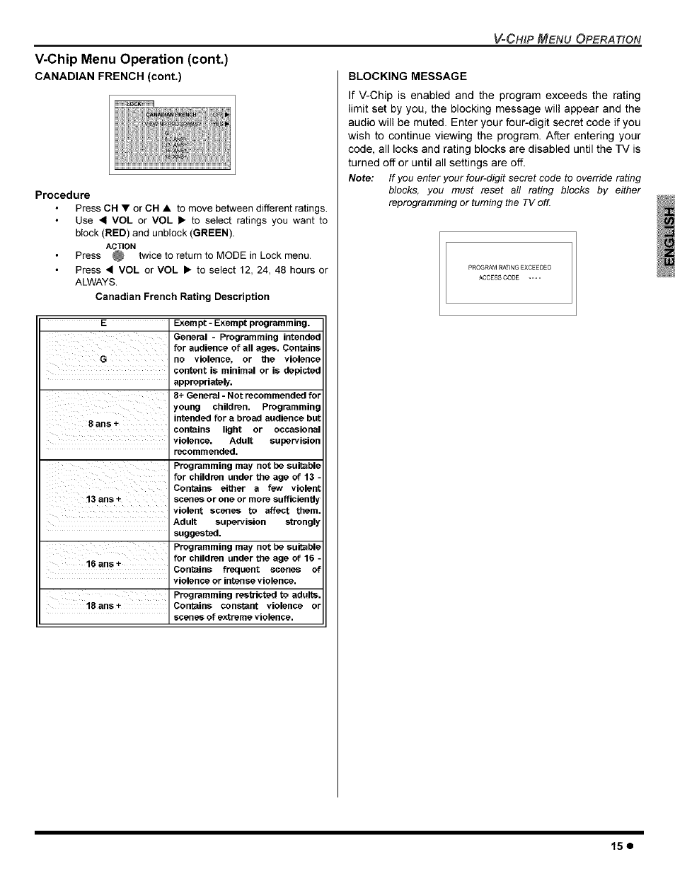 V-chip menu operation (coni), Canadian french (cont.), Procedure | Blocking message | Panasonic CT-32G8 User Manual | Page 17 / 45
