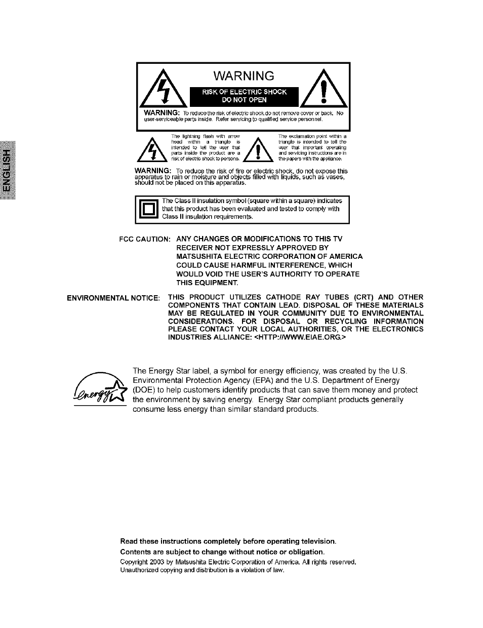 Warning | Panasonic CT-32G8 User Manual | Page 2 / 45