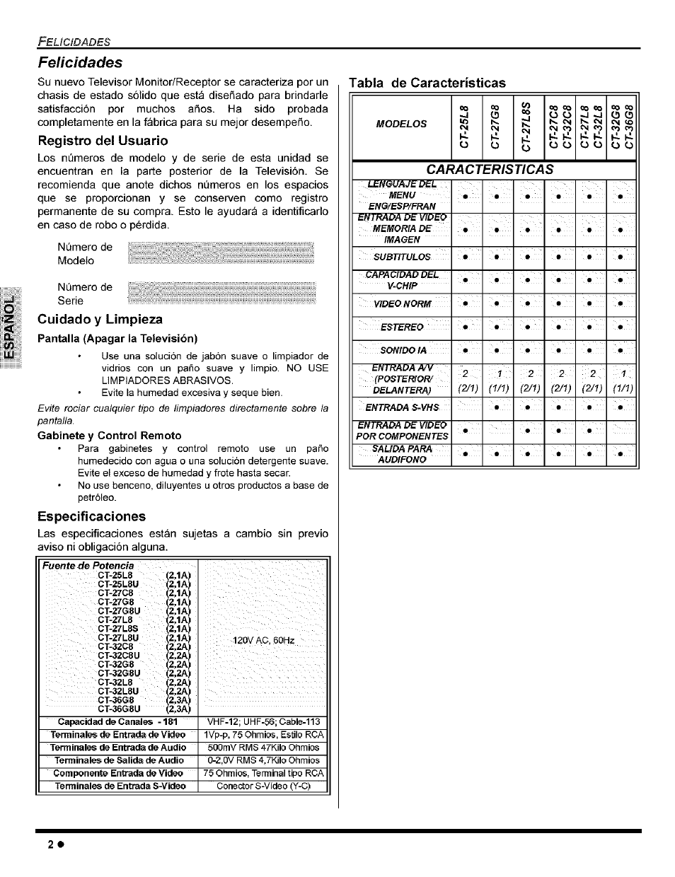Felicidades, Registro del usuario, Cuidado y limpieza | Pantalla (apagar la televisión), Gabinete y control remoto, Especificaciones, Tabla de características, Caracteristicas | Panasonic CT-32G8 User Manual | Page 22 / 45
