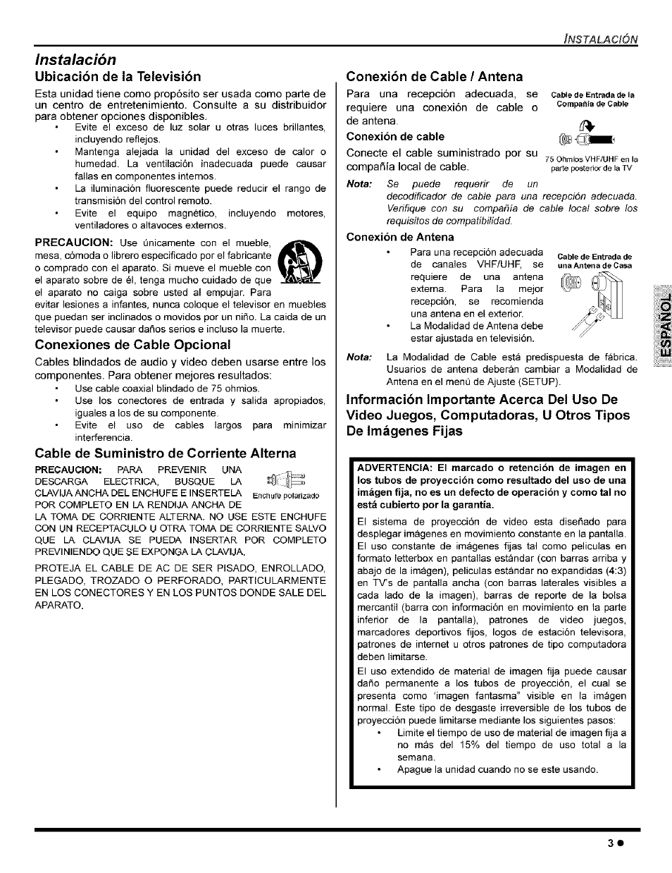 Instalación, Ubicación de la televisión, Conexiones de cable opcional | Cable de suministro de corriente alterna, Conexión de cable / antena, Conexión de antena, Información importante acerca del uso de video | Panasonic CT-32G8 User Manual | Page 23 / 45