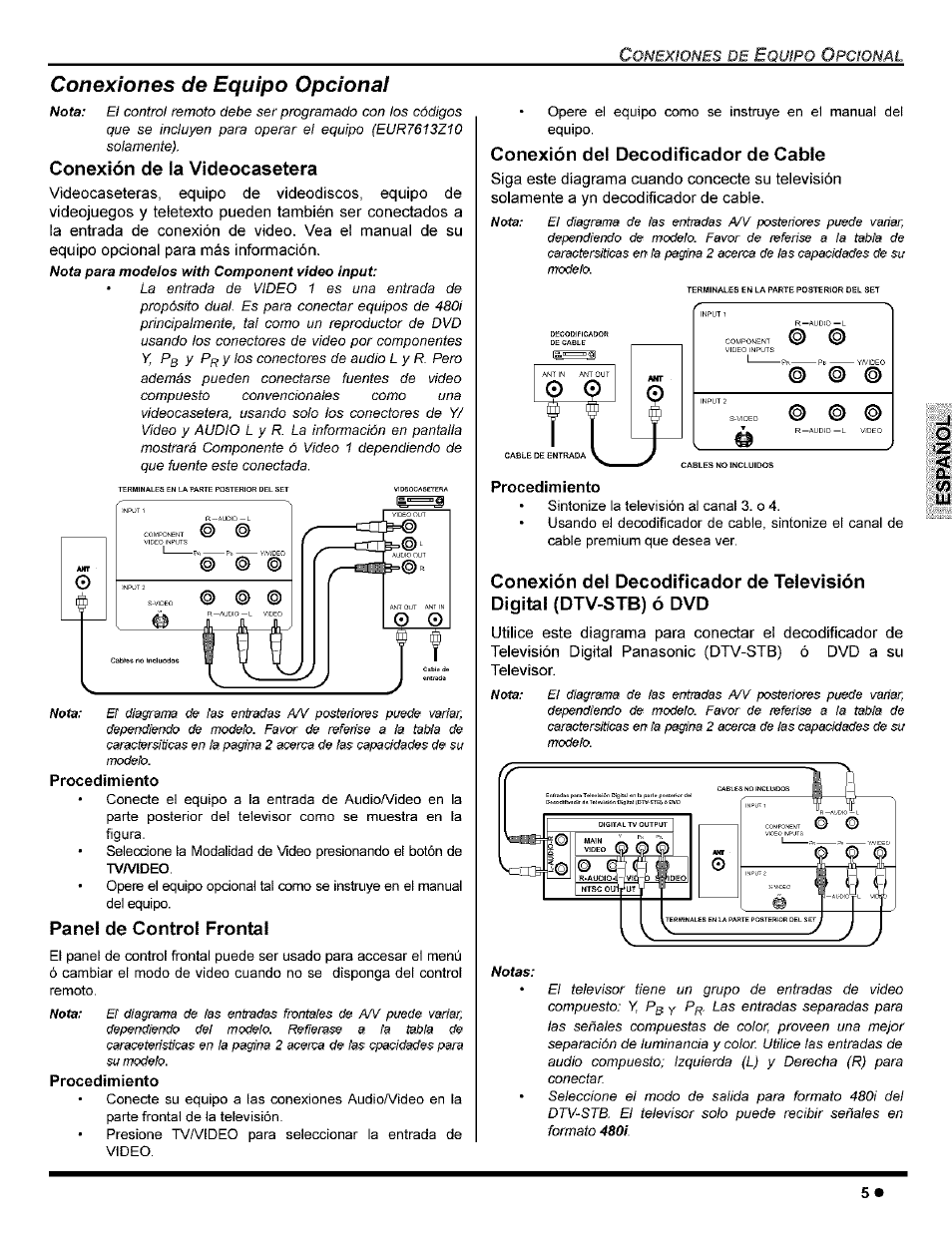 Conexión de la videocasetera, Procedimiento, Panel de control frontal | Conexión del decodíficador de cable, Conexión del decodificador de cable, Conexión del decodificador de televisión digital, Conexiones de equipo opcional | Panasonic CT-32G8 User Manual | Page 25 / 45