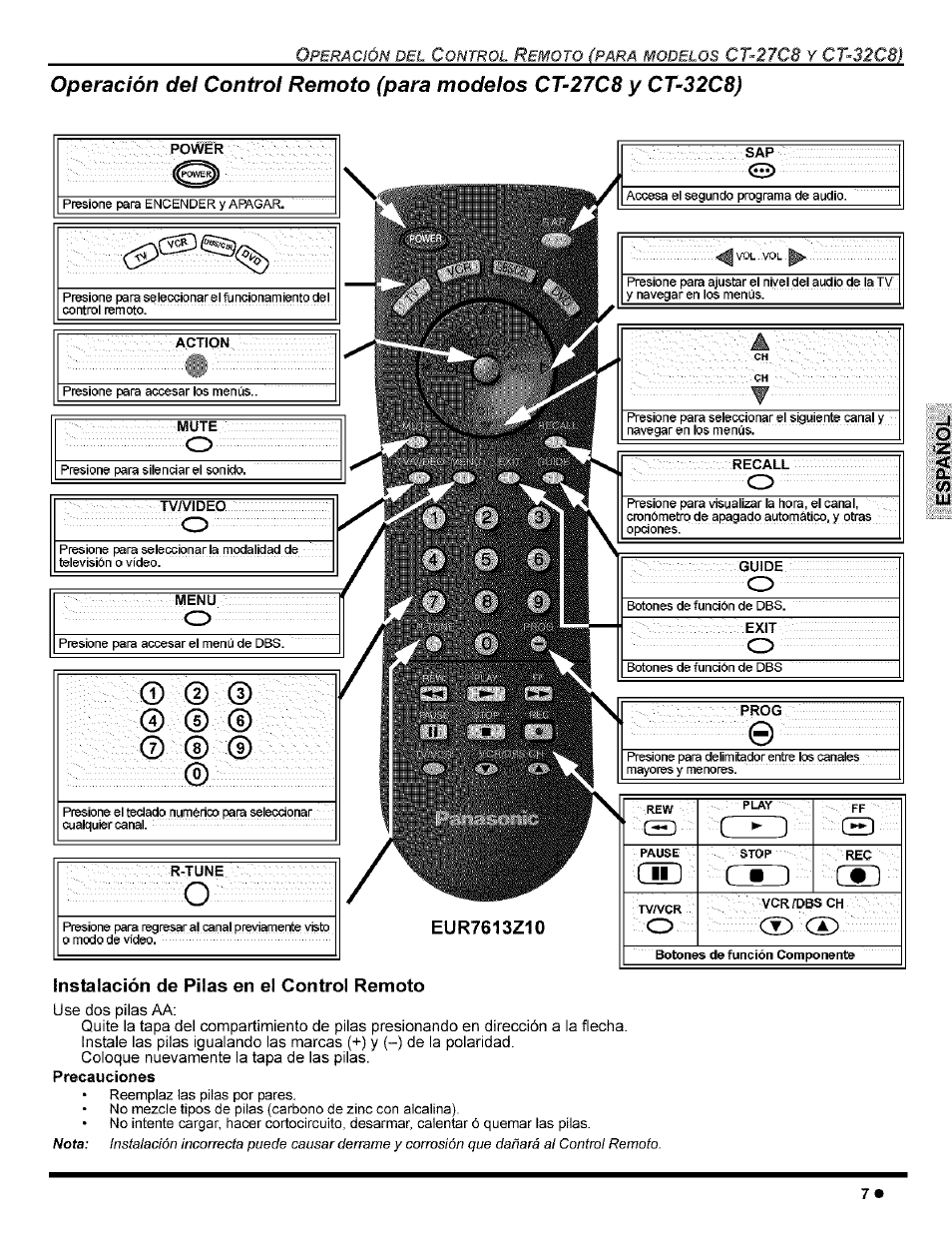 Instalación de pilas en el control remoto | Panasonic CT-32G8 User Manual | Page 27 / 45