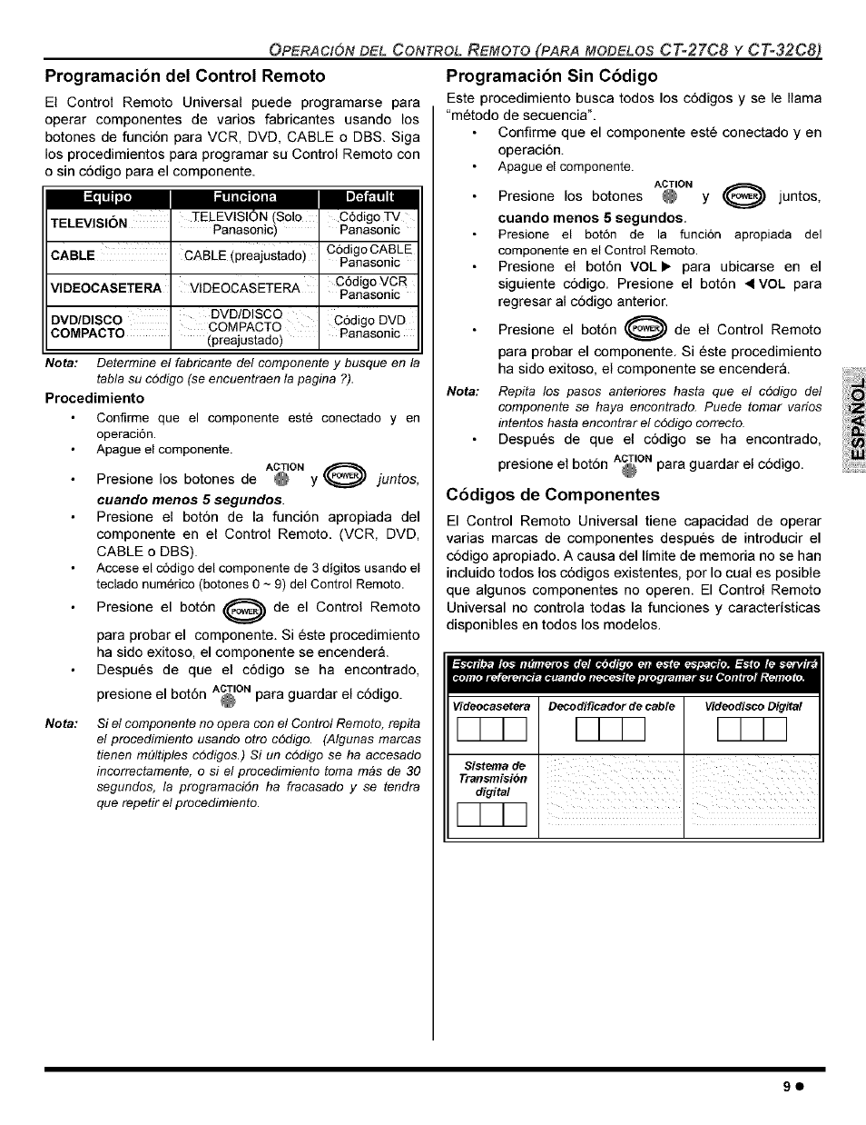 Programación de! control remoto, Programación sin código, Códigos de componentes | Programando el control remoto | Panasonic CT-32G8 User Manual | Page 29 / 45