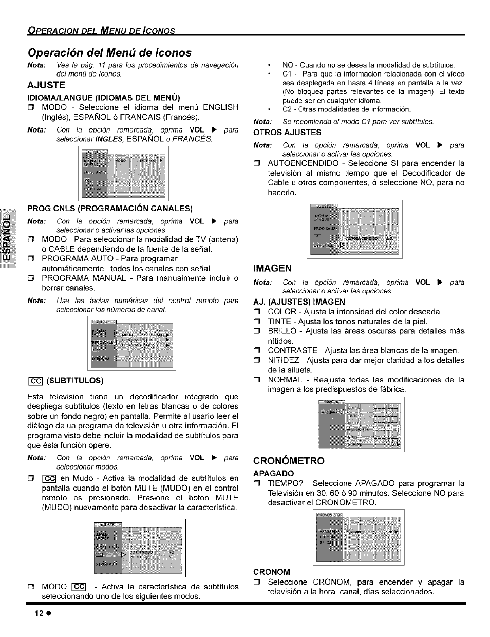 Operación del menú de iconos, Ajuste, Idioma/langue (idiomas del menú) | Prog cnls (programacion canales), Rccl (subtitulos), Otros ajustes, Imagen, Aj. (ajustes) imagen, Cronometro, Apagado | Panasonic CT-32G8 User Manual | Page 32 / 45
